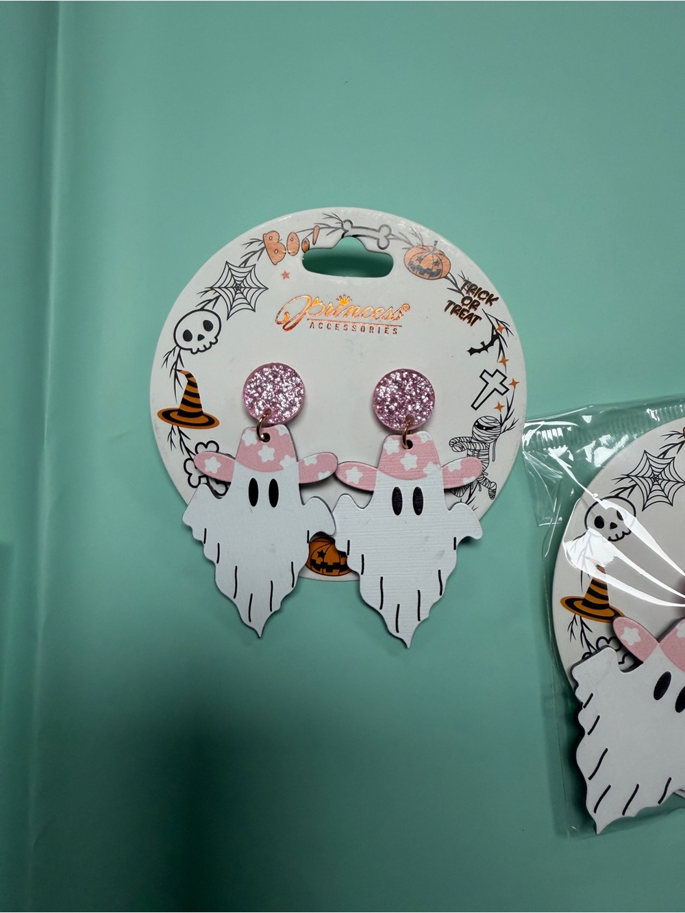 Ghost Dangle Earrings with Pink Glitter